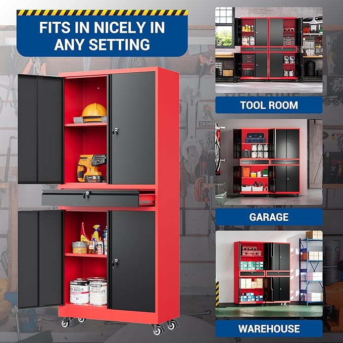73" Metal Cabinet-Black & Red Heavy Duty Rolling Storage Cabinet Steel Tool Cabinets with Wheels, Shelves, Lockable Doors and Drawers- for Garage, Warehouse Home Office- Assembly Required