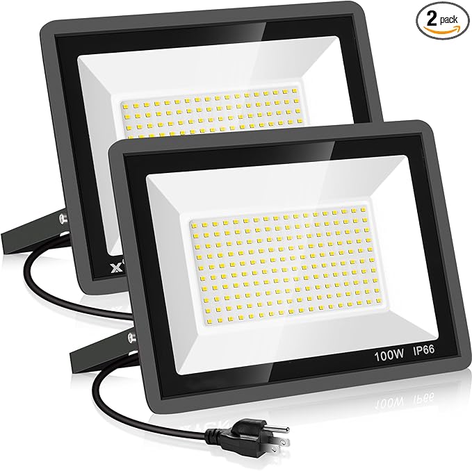 2 Pack 100W Led Flood Lights Outdoor,3000K Warm White Super Bright 11600LM Security Lights with Plug,Exterior IP66 Waterproof FloodLight for Basketball Court, Yard, Garden, Playground