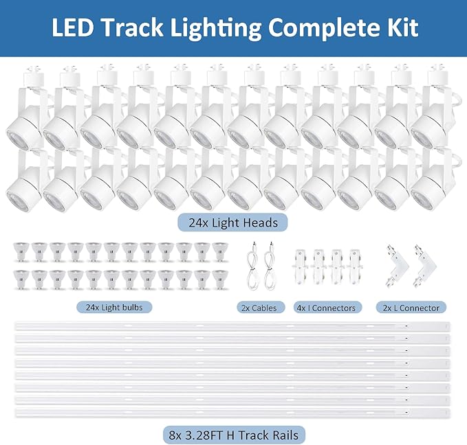 Dimmable LED GU10 Track Lighting Kit with Replaceable GU10 Bulbs, 24-Pack All-in-One Plug in 3CCT Ceiling Spotlights with 26FT Track Rails, Accent Lighting for Home, Store, Moblie Cart and Office