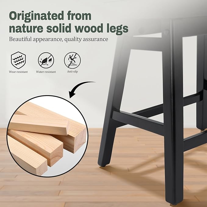 Counter Height Black Bar Stools Set of 3 for Kitchen Counter, Backless Farmhouse Kitchen Island Barstools with Upholstered Faux Leather Saddle Seat and Solid Wood Legs Modern 24 inch Bar Chairs