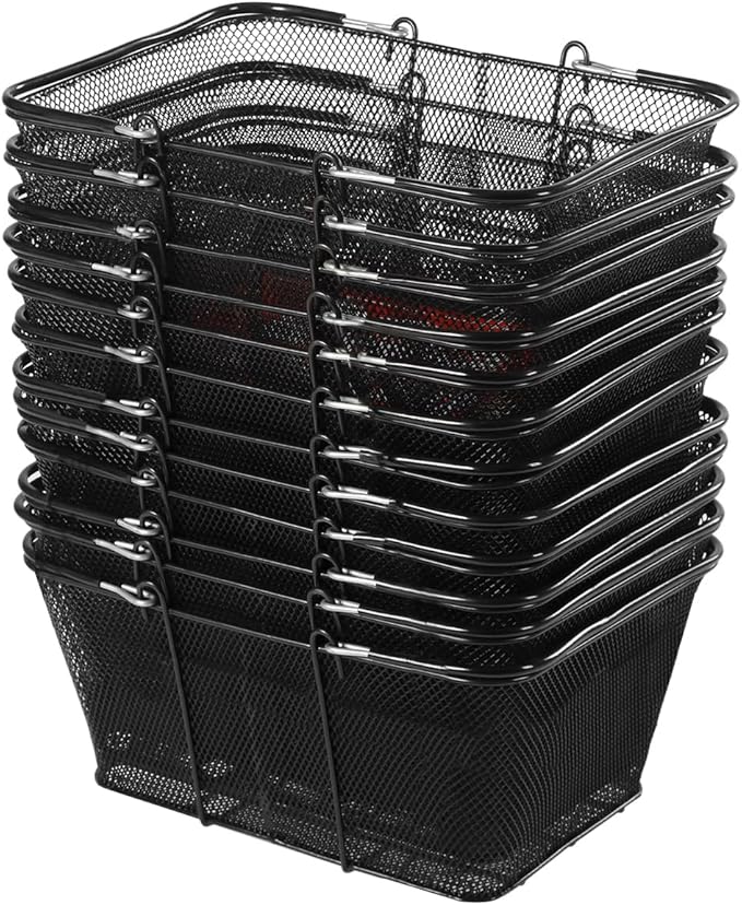 12Pcs Black Metal Shopping Basket with Handles, Portable Wire Shopping Basket, Black Wire Mesh shopping Basket Set for Supermarkets, Retail Stores.