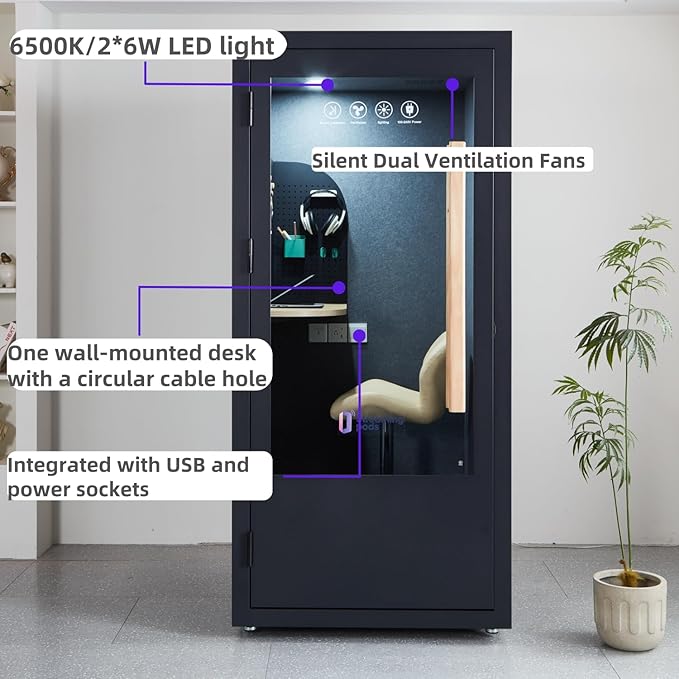 Office Pod, Mobile Office Pod Booth, Solo Soundproof Booth with Acoustic Panels, Sound Pod Silent Ventilation, Wheels and Feet, Privacy pod, Built-in Table, LED Lighting, AC, USB Ports - Black
