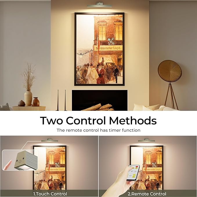Picture Lights for Wall, Greenish Bronze Battery Operated Picture Light 16in Art Light CCT Dimmable Recharging Battery Wall Light with Remote Control for Living Room Gallery