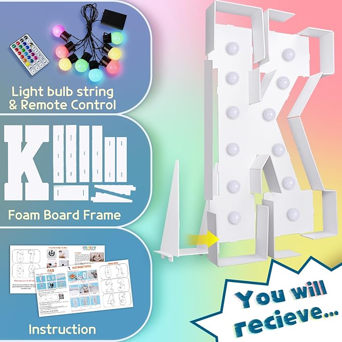 imprsv 4FT Colorful Marquee Letters K, 18 Colors Large Light up Letters Alphabet Sign with Remote, Large Marry Me Sign, Birthday Party Decorations Anniversary Wedding Decoration