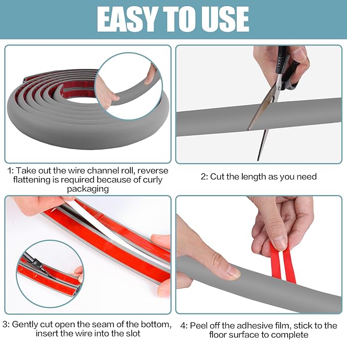 Floor Cord Cover Self Adhesive Cord Hider,10FT Cable Management, Extension Strip Protector for Wires, Prevent Cable Trips for Offices, Gyms, Exhibitions Cavity:0.47"(W) x 0.35"(H) Gray