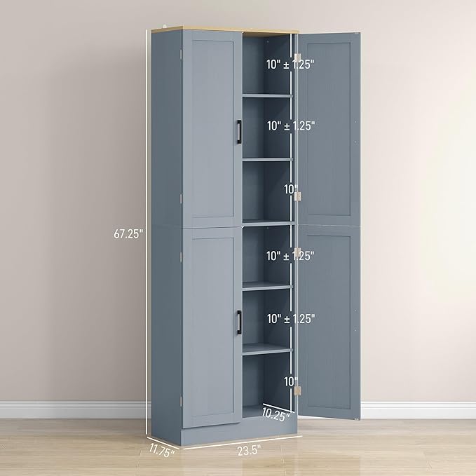 HOMCOM 67" Freestanding Kitchen Pantry, 4-Door Storage Cabinet Organizer with Adjustable Shelves, Kitchen Cabinet with Doors and Shelves, Distressed Gray