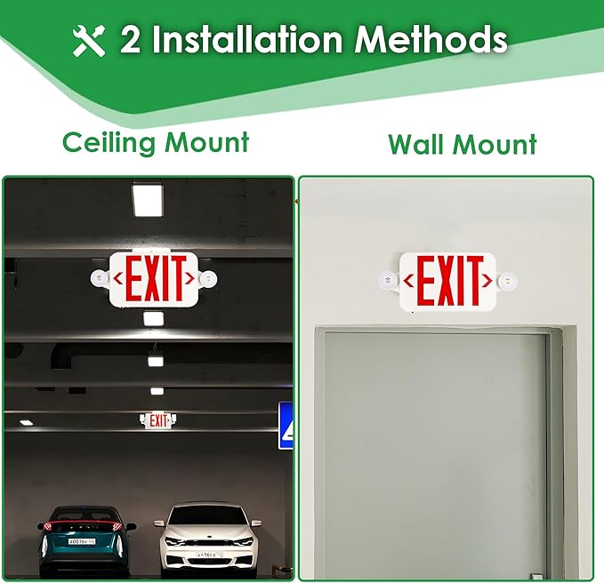 Gruenlich LED Exit Sign Combo with Emergency Lights, Adjustable Heads and Double Sided, Battery Backup, UL 924 Qualified, AC 120-277V, Commercial Emergency Exit Light for Business- 1 Pack