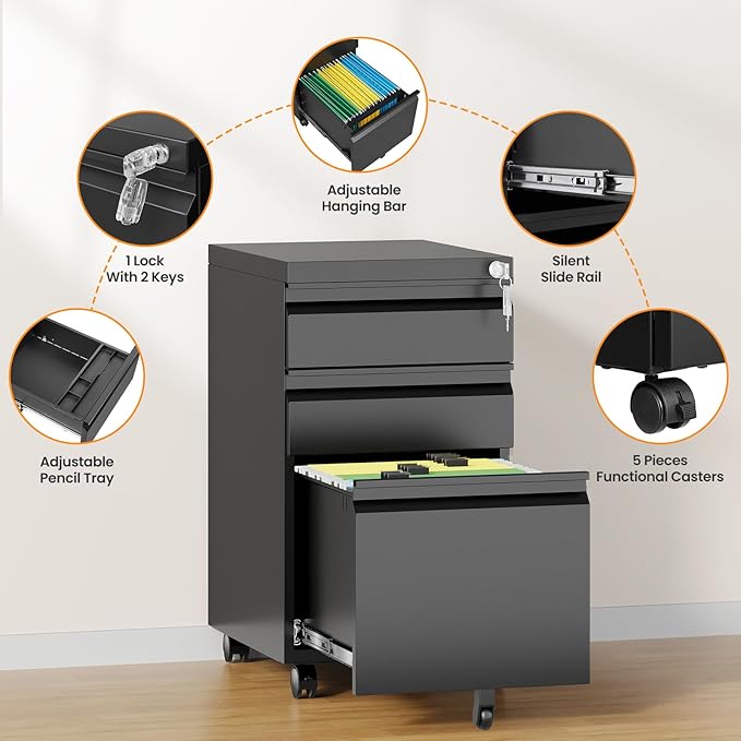 3 Drawer Mobile File Cabinet with Lock, Rolling Filing Cabinets for Home Office, Under Desk Small File Cabinet Three Drawers for Legal/Letter/A4 File, Black - Assembly Required