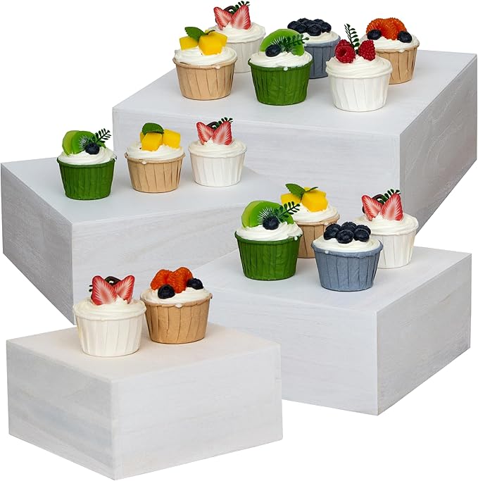 4 Pieces Wooden Cake Stands,Natural Wite Cupcake Stands for Display,12 inches Square Wooden crates,Wood Display risers for Wedding,Birthday Party,Christmas,etc. (Natural White)