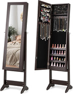 Giantex Jewelry Cabinet with Full-Length Mirror, Standing Jewelry Armoire Organizer with 64 Earring Slots, 20 Necklace Hooks, 72 Ring Slots, 4 Storage Shelves, 3 Angle Adjustable, Espresso