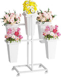 Flower Display Stand with Buckets, Sturdy Flower Cart with Wheels, Metal Bouquet Bar for Wedding, Party, Patio, Bridal Shower, White
