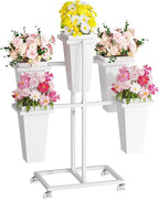 Flower Display Stand with Buckets, Sturdy Flower Cart with Wheels, Metal Bouquet Bar for Wedding, Party, Patio, Bridal Shower, White