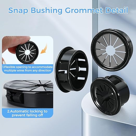 8 Pcs Cable Grommet, Snap Bushing 2-3/16" (55 mm) Mounting Diameter, Flexible Petal-Shaped Buckle Round Nylon Desk Grommet for Wires Through Countertop Cord Organizer and Protection, Black