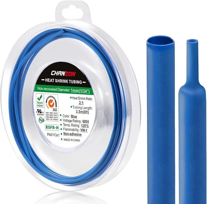 Chanzon 2:1 Ratio 1/24" (1mm) Heat Shrink Tubing 8Ft Roll (2.5M Total Length) Blue Polyolefin Sleeving Wrap Shrinking 2 to 1 1pcs