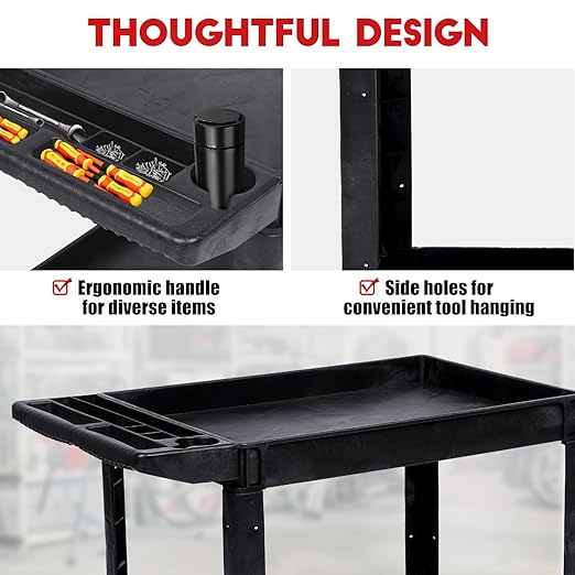 2-Shelf Heavy Duty PP Service Cart with 360° Swivel Wheels, 550LBS Load Capacity, Large Shelf, Storage Handle, Rolling Utility Cart for Warehouse, Garage, Cleaning, Medium Size
