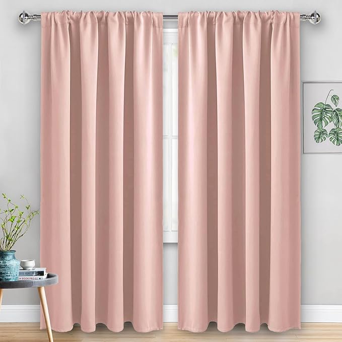 JIUZHEN Blush Pink Blackout Curtains for Bedroom - Thermal Insulated Room Darkening Rod Pocket Curtains for Living Room, Set of 2 Panels with Tiebacks, 70 x 96 Inch Length, Blush Pink