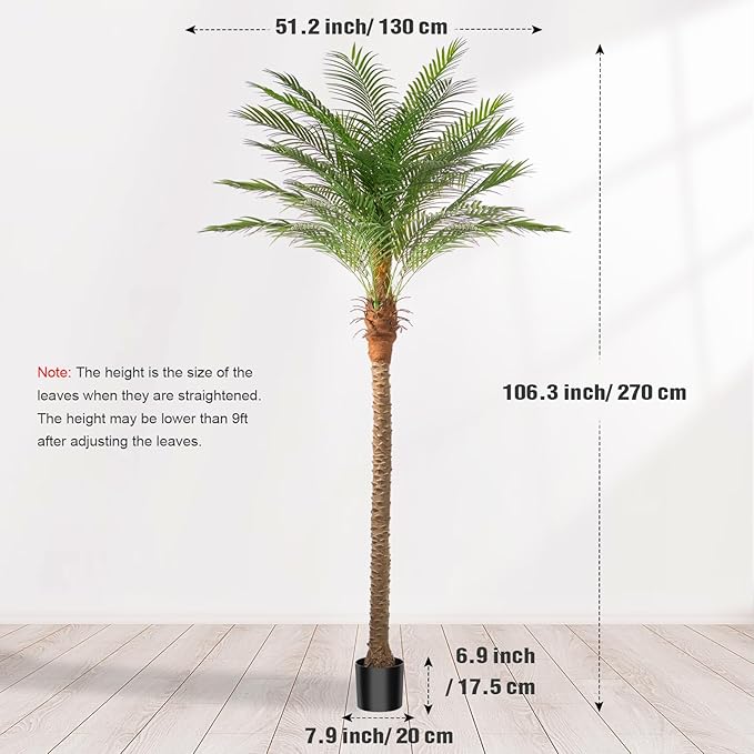 Artificial Phoenix Palm Tree 9ft Tall – Fake Large Tropical Tree with 21 Adjustable Leaves, Outdoor Indoor Faux Sago Palm Plant for Living Room Patio Poolside Yard Decor (1, 9ft)