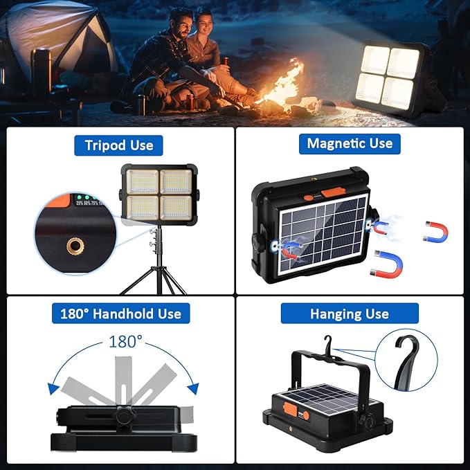 100W Rechargeable Work Light, 12000mAh Solar Work Lights, 336 LEDs Flood Light, 4 Lighting Modes& Stepless Dimming, Portable for Camping, Car Repair, Power Cut, Emergency