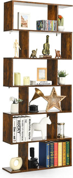 Tangkula 6 Tier S Shaped Bookshelf, 31.5''L x 9''W x 75''H, Wooden Bookcase and Bookshelves w/Anti-Toppling Device, Room Divider Display Shelves for Living Room, Home Decor, 6 Shelf Bookshelf