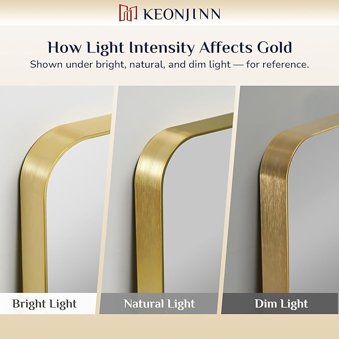 Keonjinn Gold Bathroom Mirrors for Over Sink, 40” x 24” Rounded Rectangle Brushed Gold Vanity Mirror, Anti-Rust Brass Mirror with HD Tempered Glass, Decorative Farmhouse Mirrors, Horizontal/Vertical