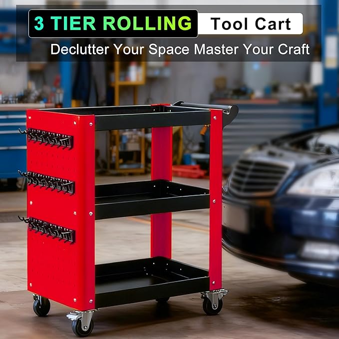 Heavy Duty 3 Tier Rolling Tool Cart, Mechanic Storage Organizer with Pegboard & Hooks, Lockable Wheels Utility Cart for Garage, Auto Repair Shop, Workshop, Warehouse（Red & Black）