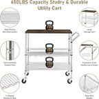 Rolling Kitchen Carts on Wheels With Storage,650Lbs Heavy Duty Metal Cart with Wheels,3 Tier Rolling Cart with Wooden Top,NSF Utility Cart with Handle for Food Cart Serving Carts,30.3"L*31.9"H*18.1"W
