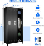 Aobabo Metal Lockers for Employees, 3 Doors Storage Locker with 9 Hooks for Office Home, Black, Assembly Required