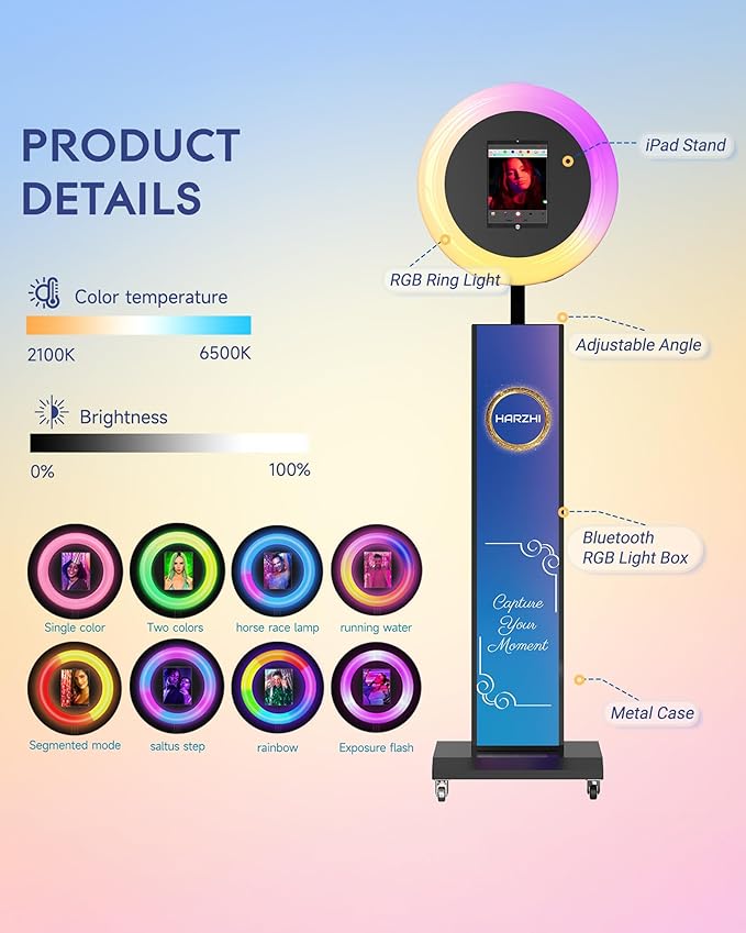HARZHI Portable Photo Booth Compatible with Ipad, Large Lightbox Ipad Photo Booth for Christmas Wedding Party Provide ChackTok Software APP VIP, Free Custom Logo, Flight Case