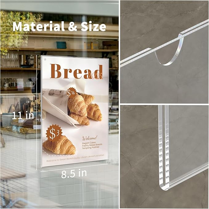 HIIMIEI Acrylic Sign Holder 8.5 x 11 Wall Mount with Paper Fixing Magnet and Double-Sided Tape, No Drilling Required (2 Pack) - Perfect for Office, Home, Store, and Restaurant