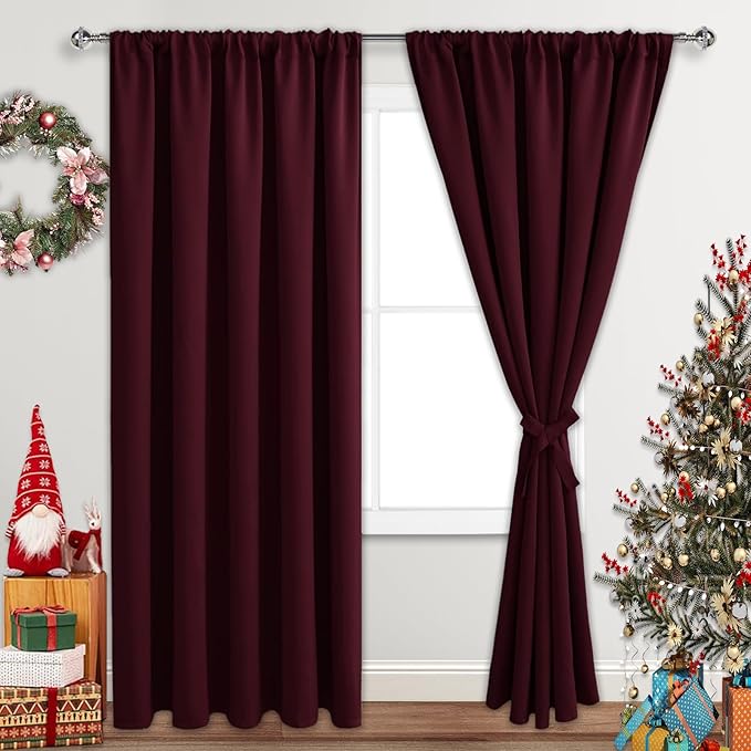 JIUZHEN Blackout Curtains for Bedroom - 60 Inch Extra Wide Thermal Insulated Room Darkening Privacy Soundproof Curtains for Living Room, Set of 2 Panels with Tiebacks, 60 x 84 inches, Burgundy