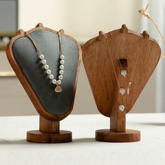 Walnut Color Body Wood Necklace Display Stand with Gray Flannelette Soft Mat Necklace Holder Organizer Desktop Stand for Home Store Dresser-3.3"x5.8"x8.4"