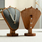 Walnut Color Body Wood Necklace Display Stand with Gray Flannelette Soft Mat Necklace Holder Organizer Desktop Stand for Home Store Dresser-3.3"x5.8"x8.4"
