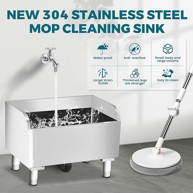 Commercial Mop Sink 304 Stainless Steel Floor Sink with Deep Basin, Anti-Splash Design & Quick Drainage Heavy-Duty Mop Service Basin for Kitchen, Laundry, Garage, Restaurant 18''