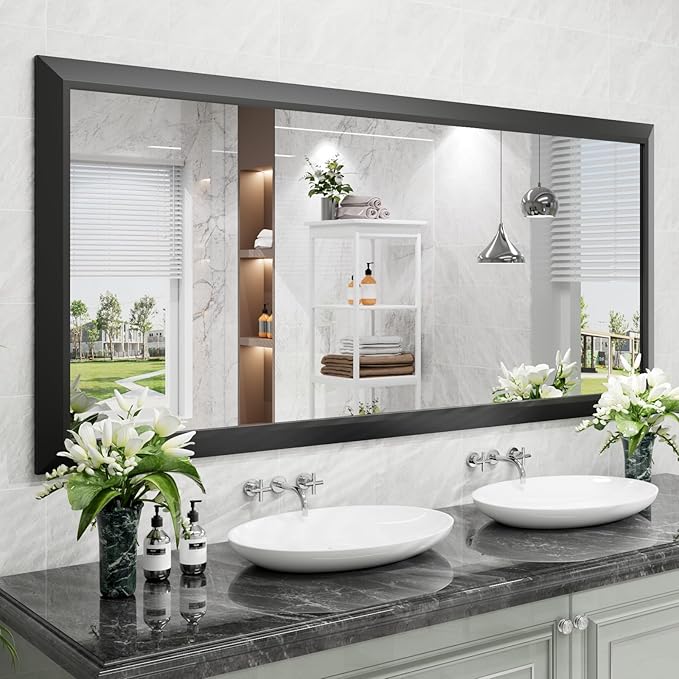 Amorho Bathroom Mirror Black, 72X32 Inch Thick Metal Framed Wall Mirrors for Over 2 Sinks, Bedroom, Living Room, Entryway, Large Rectangle Wall-Mounted Mirrors.