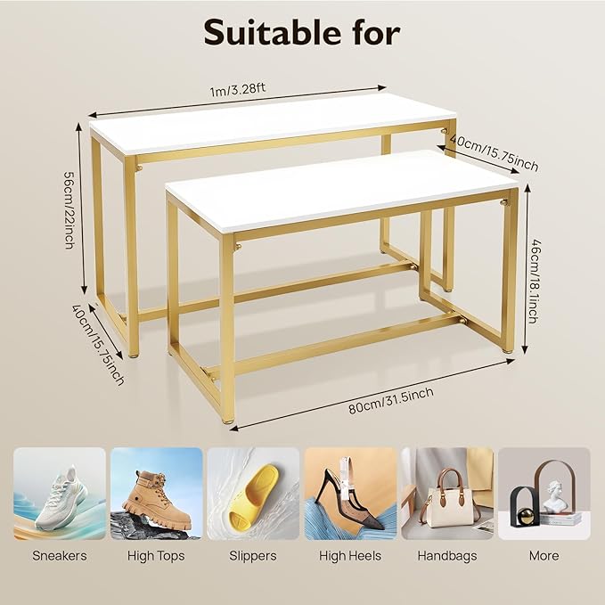 2-Piece Set Metal Shoe Handbag Display Stand, Gold and White Display Stand with 110lbs Load Capacity, Modern Board Storage Rack for Shoes, Handbags, Retail Store, Home Decor
