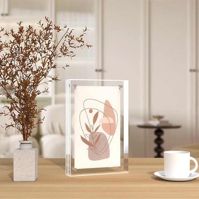 ILYXY 5 Pack Acrylic Frame 4x6, 20% Thicker, 20mm Thick Frameless Clear Picture Frame, Double Sided Magnetic Photo Frame, Free Standing Desktop Display Stand Acrylic Picture Frames