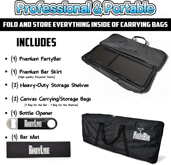 PartyLife Premium Portable Bar Table w/Folding Legs, Black Fabric Bar Skirt, 2 Storage Shelves & 2 Carrying Bags | Commercial Grade | Strong & Sturdy - White