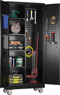 Broom Closet Storage Cabinet with Wheels and Pegboard,Garage Storage Cabinet with Lockable and Magnetic Doors,Adjustable Shelves for Garage Home Office,Required Assembly,17.7"D*33.5"W*70.87"H