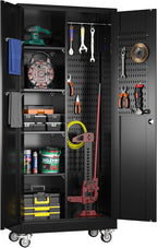 Broom Closet Storage Cabinet with Wheels and Pegboard,Garage Storage Cabinet with Lockable and Magnetic Doors,Adjustable Shelves for Garage Home Office,Required Assembly,17.7"D*33.5"W*70.87"H