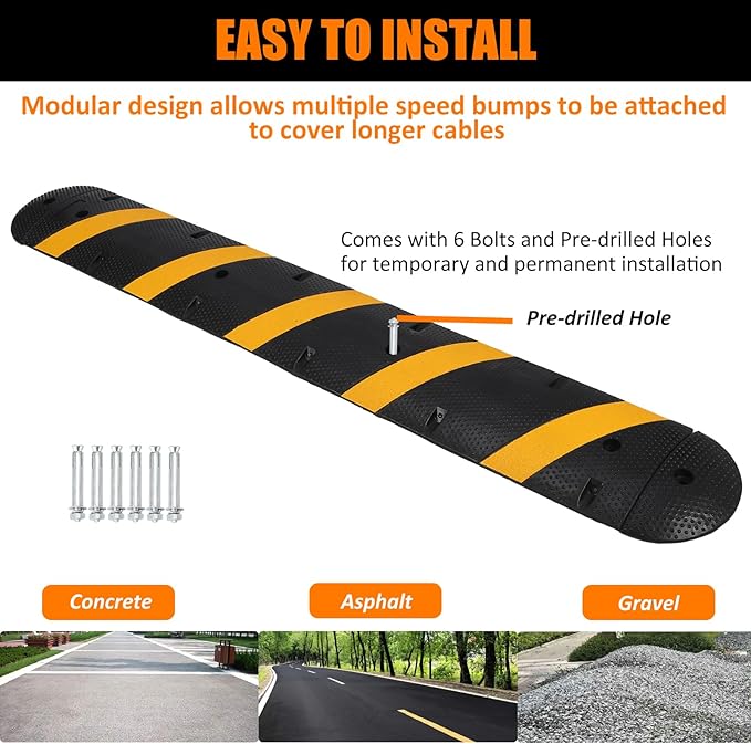 84" Heavy Duty Rubber Speed Bumps for Driveway & Parking - 2 Channel Cable Protector Ramps with End Caps & 6 Bolt Spikes for Asphalt & Gravel Roads