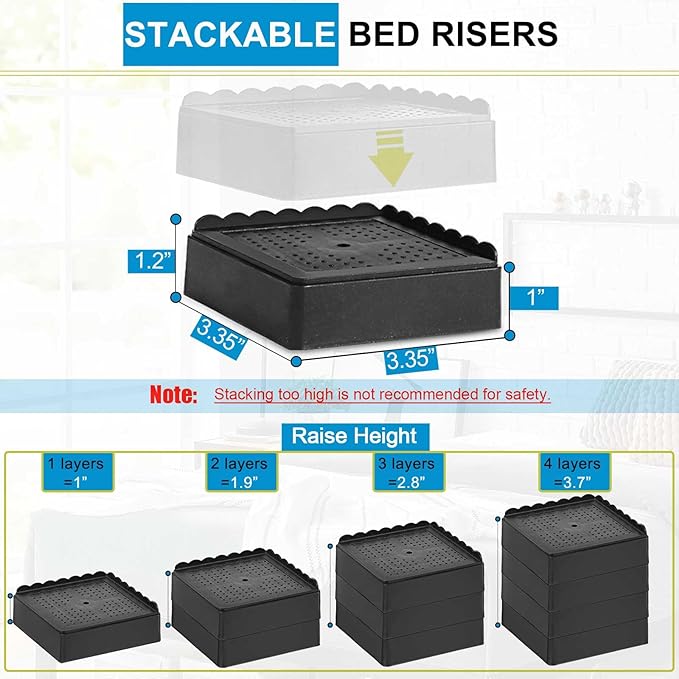Bed Risers 1 inch, 2 inch, 3 inch, 4 inch Heavy Duty, Adjustable Furniture Riser for Table Desk Couch Sofa Chair Recliner Leg Frame Dorm, Stackable Bed Raisers Blocks (Black 8 Pack, 1+1+1 inch)