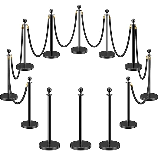 LOVMOR 12Pcs Black Stanchion Posts Queue with 8pcs Black Velvet Rope, Crowd Control Barriers Queue Line Rope, Crowd Control Stanchion for Party Supplies