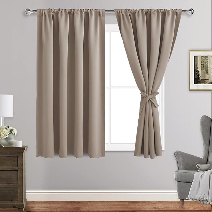 JIUZHEN Blackout Curtains for Bedroom - Thermal Insulated Room Darkening Noise Reducing, 52 x 45 Inch Length Curtains for Living Room, Set of 2 Panels with Tiebacks, Camel