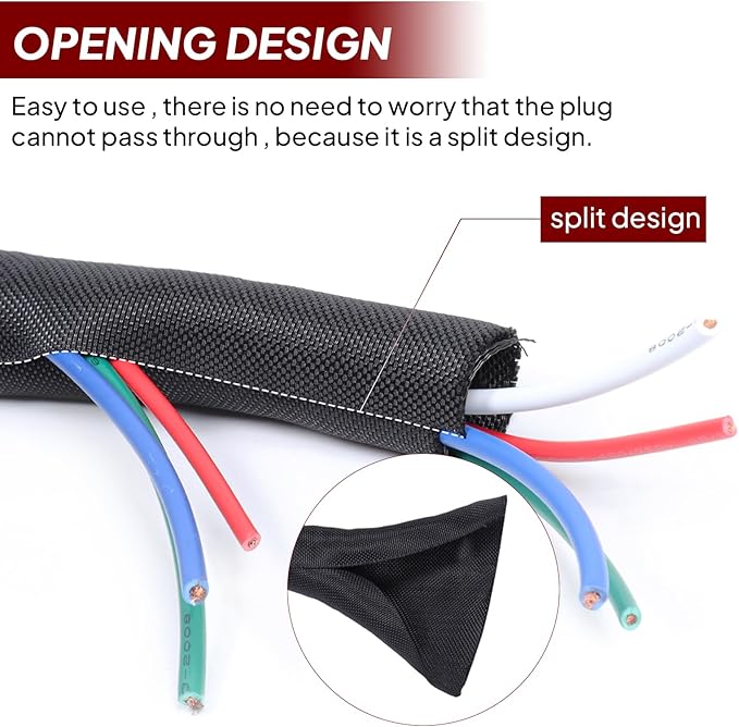 Black Braided Cable Management Sleeves Wire Loom Tubing Cord Protector Self-Wrapping (3/8"-12Feet)