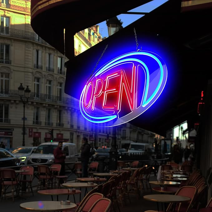 Open Signs for Business,Neon Open Sign Led,32"x 16",Remote Control Open/Closed Bussiness Hour Sign Set,Light for Bar Coffee Salon Store Window,12V/3A Adapter with ON/OFF Switch (Blue/Red Oval)