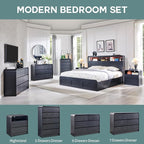 25" Tall Modern Nightstand with Charging Station, 23.6'' Wide Wood Bedside Table w/2 Storage Drawers, Large Mid Century End Table for Bedroom, Living Room, Curved Profile Design, Black