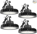 HYPERLITE 4Pack LED UFO High Bay Lights 250W 36,250lm 1-10V Dimmable 5000K 5' Cable with 110V Plug Hanging Hook Safe Rope UL Listed for Shopping Mall Stadium Exhibition Hall