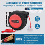 VEVOR 80FT Retractable Extension Cord Reel, 12AWG/3C SJTOW Heavy Duty Power Cord w/Lighted Electrical Triple Tap Outlets, 15A Circuit Breaker,180° Swivel Bracket for Workshop or Garage, Red