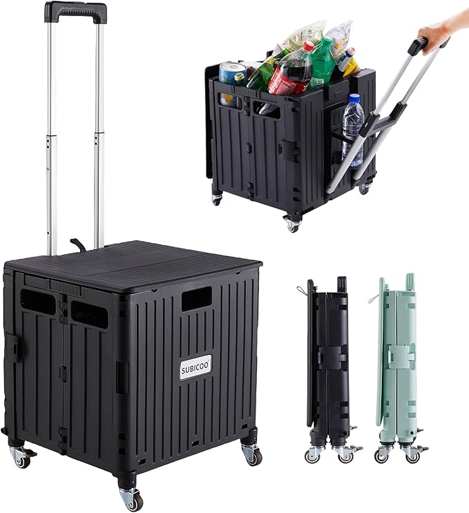 Folding Utility Cart Portable Rolling Crate Handcart Shopping Trolley Collapsible Tool Box, with Lid, on 4 Rotate Wheels, for Grocery, Shopping, Office, Teacher, Camp(Black)