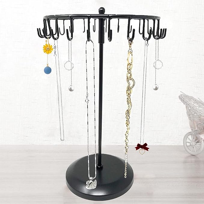 Rotating Necklace Holder Jewelry Organizer Display Stand 15.7-Inch with 23 Hooks (long-black)